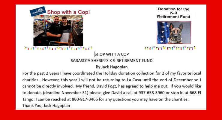 Shop With a Cop & Sarasota Sheriff’s K-9 Retirement Fund donations needed.