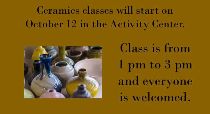 Ceramics Classes Begin October 12th